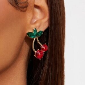Fashion Nova Gold Cherry Crystal Drop Earrings - Red & Green